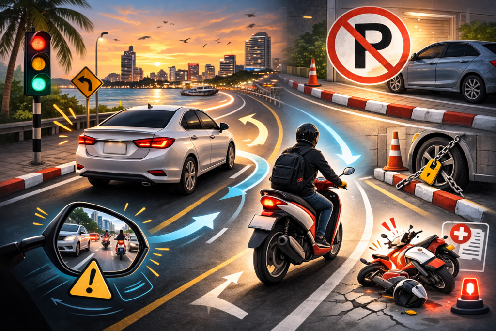 파타야 좌측 통행 도로에서 자동차와 오토바이 운전 장면