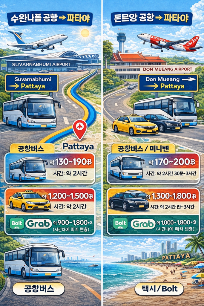 수완나폼 돈므앙 공항에서 파타야 버스 볼트 택시 비용 비교표