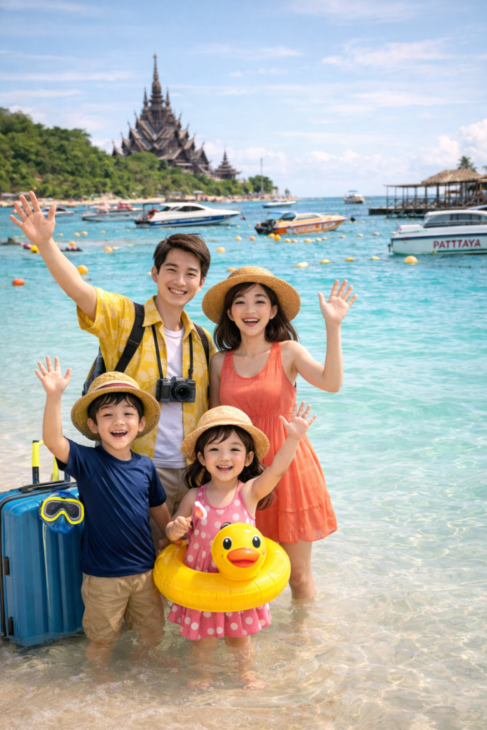 파타야 산호섬 해변에서 가족 여행 중인 모습